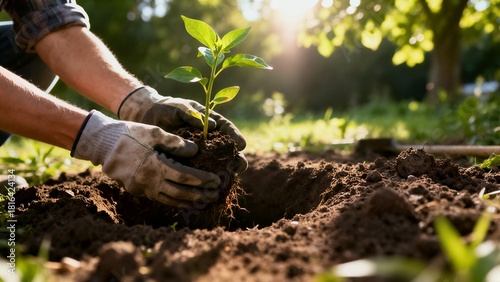 Hands in protective gloves carefully plant a young green sapling into rich, dark soil in a sunlit outdoor garden or forest setting.