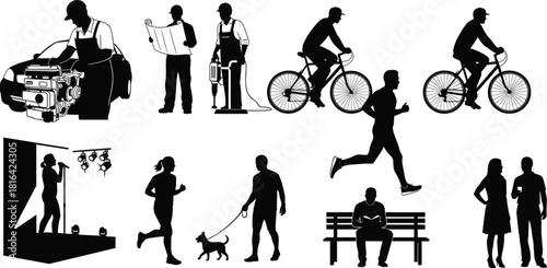 Silhouette vector set of people working, jogging, cycling, singing, walking dog, reading, and performing everyday lifestyle and social activities