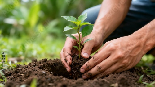 Close-up of a person's hands gently surrounding a newly planted green sapling in moist, dark soil against a blurred natural background.