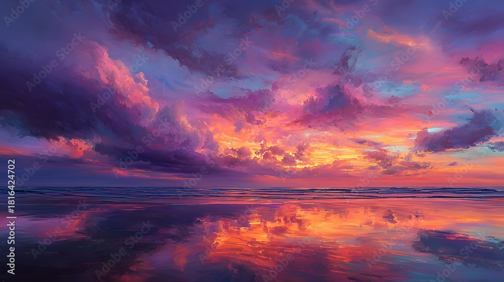 Fototapeta premium Vibrant colorful sunset sky with dramatic clouds reflected in the ocean water.
