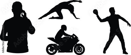 Silhouette vector set of phone call, ball throw, sport motorcycle rider, yoga pose, lifestyle activity, fitness, motion, black icons