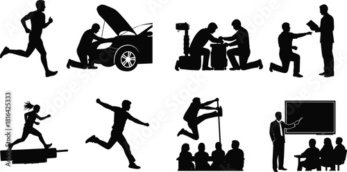 Silhouette vector set of running, car repair, filming, jumping, teaching, and sports – dynamic movement, profession, and activity icons