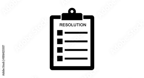 Black and white icon of a clipboard with the word resolution and a checklist