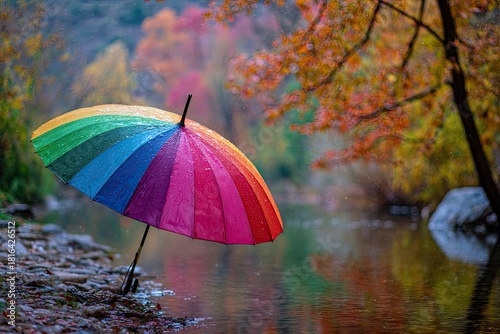 Wallpaper Mural A colorful umbrella stands by a serene autumnal river Torontodigital.ca
