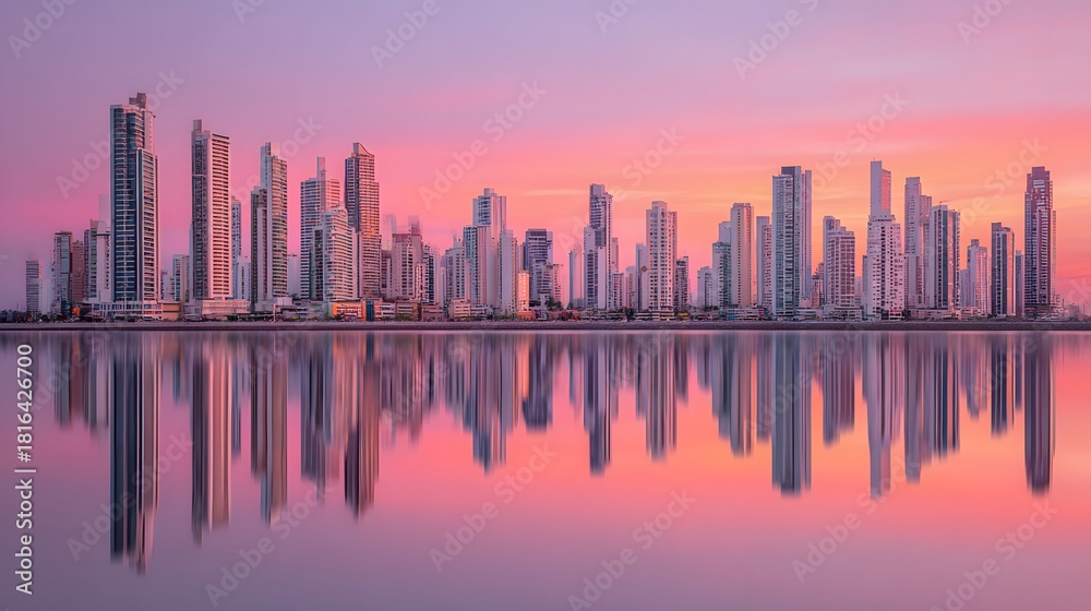 Fototapeta premium Vibrant pink sunset over a modern city skyline with perfect water reflection.