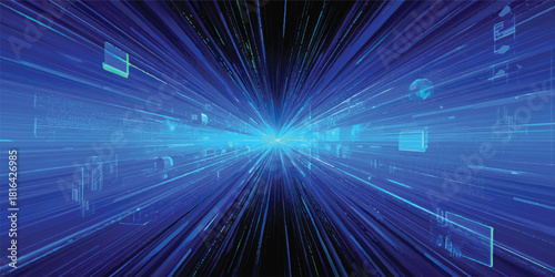 Abstract blue energy background with glowing laser light rays in a motion speed tunnel
