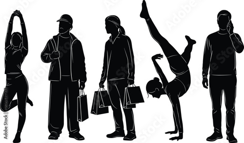 Urban lifestyle silhouette set featuring yoga, shopping, acrobatics, and communication poses with expressive human activities for stock illustration use