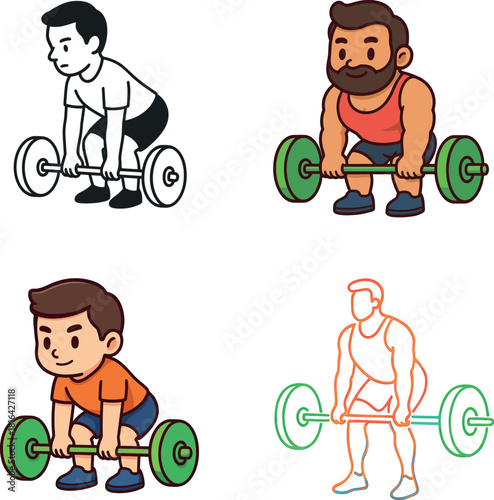 Man doing deadlift silhouette Four cartoon figures performing deadlifts with barbells in different styles