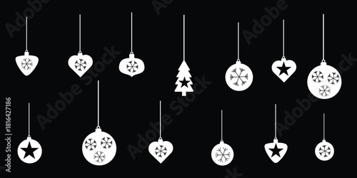 Own Created Merry Christmas card with white hanging balls decoration vector illustration isolated on black background.