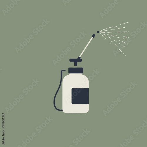 A minimalist illustration of a white spray bottle with a long nozzle emitting a fine mist.