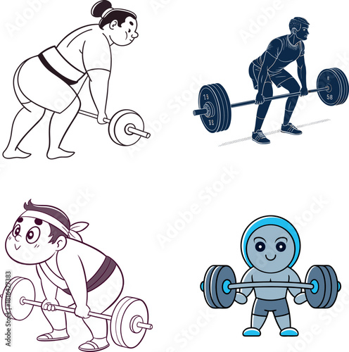 Man doing deadlift silhouette Four cartoon characters lifting barbells in different styles and colors