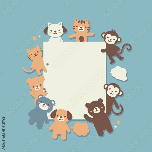 Cute cartoon animals surrounding a blank white square frame on a light blue background, perfect for children's designs or invitations.