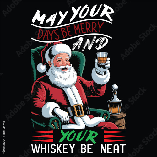 Merry christmas and neat whiskey phrase with festive elements