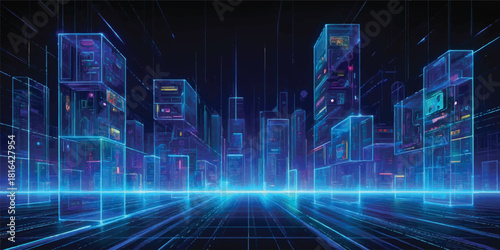 Futuristic digital city design with a blue binary code background creating a flowing data pattern like abstract city lights on a computer screen