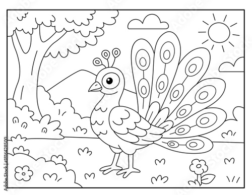 Cute Peacock with Feathers Spread – Kids Coloring Page Illustration