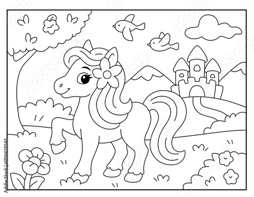 Cute Pony with Castle in Background – Kids Coloring Page Illustration