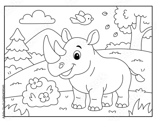 Cute Rhino in Nature – Kids Coloring Page Illustration