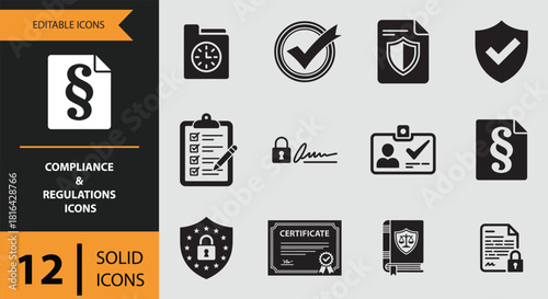 12 Compliance and Regulations Icons solid icon set Solid compliance icons for rules procedures and regulatory management