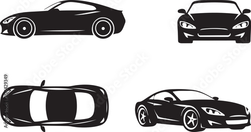 Car Silhouette Icon Set – Modern Vehicle Front and Side View Vector Collection.