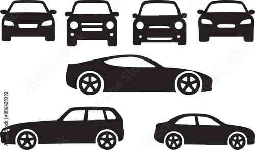 Car Silhouette Icon Set – Modern Vehicle Front and Side View Vector Collection.