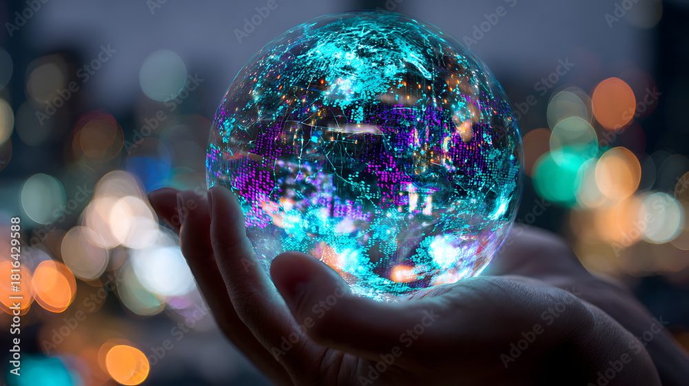 Fototapeta premium Glowing Digital Sphere Held in Hands Against Blurred City Lights holding globe
