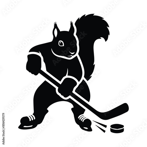 Dynamic cartoon squirrel mascot playing ice hockey with a puck and stick Vector