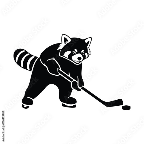 Red panda playing ice hockey with a stick and puck, fun mascot design vector. Vector