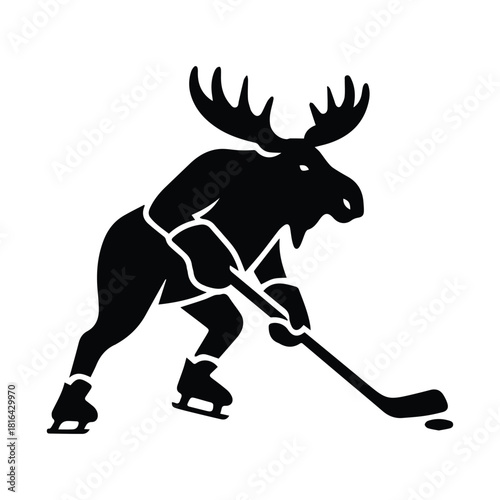 Moose playing ice hockey in a dynamic silhouette graphic design illustration Vector