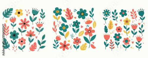 Vibrant collection of hand drawn floral elements and botanical illustrations in a whimsical style