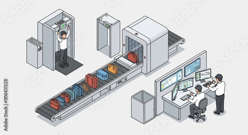 Airport Security Checkpoint with Baggage Scanner and Body Scanner.