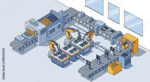Automated Factory Production Line with Robotic Arms and Conveyor Belts.