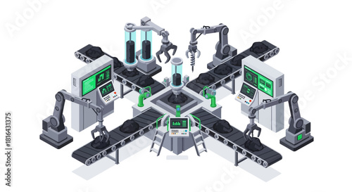 Automated factory production line with robotic arms and conveyor belts.