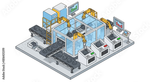 Automated Factory Production Line with Robotic Arms and Conveyor Belts.
