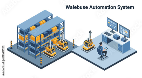 Automated Warehouse System with Robotic Arms and Control Center.