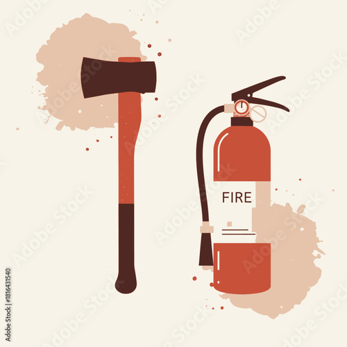 Fire safety tools, an axe and an extinguisher, on a splattered background.