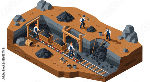 Coal mine workers extracting resources from underground tunnels with equipment.