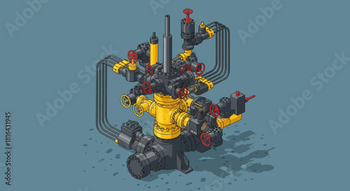 Complex industrial machinery with pipes and valves in a detailed view.