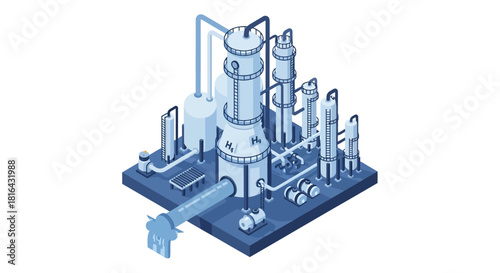Complex industrial plant illustration depicting chemical processing and manufacturing.