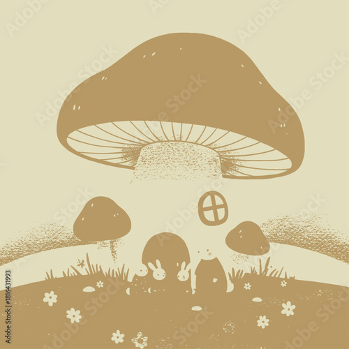 Charming fairytale illustration of a mushroom house with cute bunnies hiding in a field.