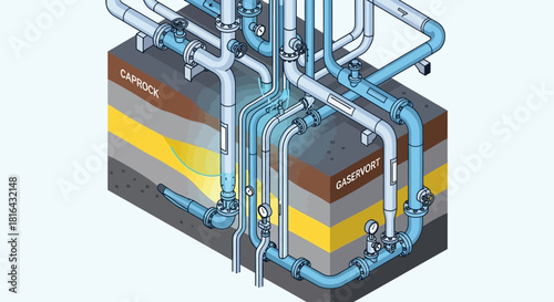 Complex industrial system with pipes and layered structure illustration.