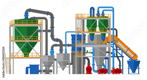 Complex industrial processing plant with interconnected components and structures.