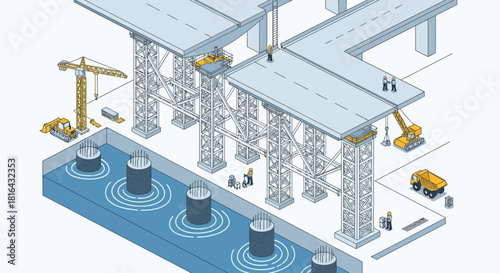 Construction of a large elevated highway bridge structure with concrete pillars and scaffolding.