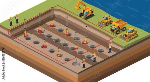 Construction site with excavation and heavy machinery.