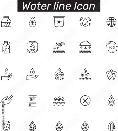 Water treatment line editable icon set. containing water filtration, aquifer, filter, sewage treatment, drain, chlorinated, ultraviolet cleaning, and more
