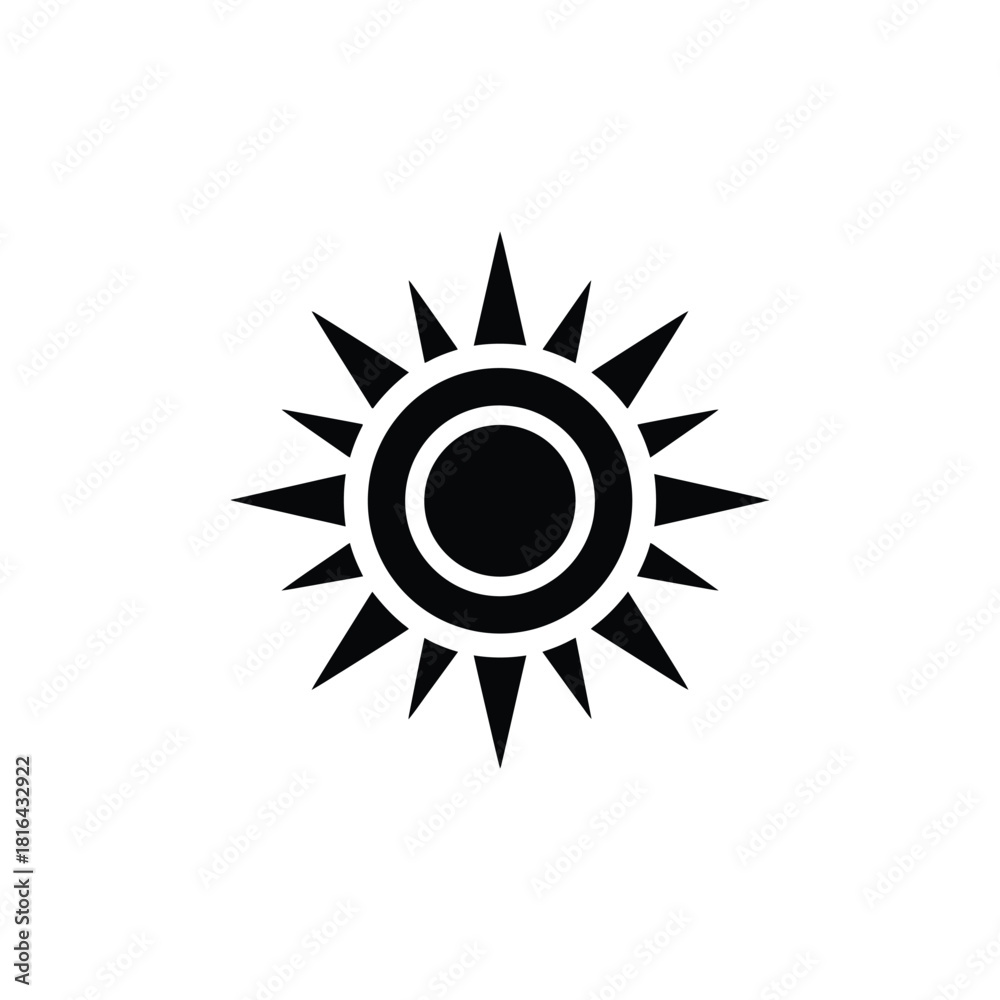 Naklejka premium Black Sun Icon with Rays on Transparent Background, Symbol, Flat Design, Silhouette