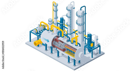 Detailed Illustration of an Industrial Chemical Processing Plant.