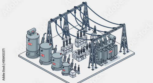 Detailed Isometric Illustration of an Electrical Substation with Transformers and Power Lines.