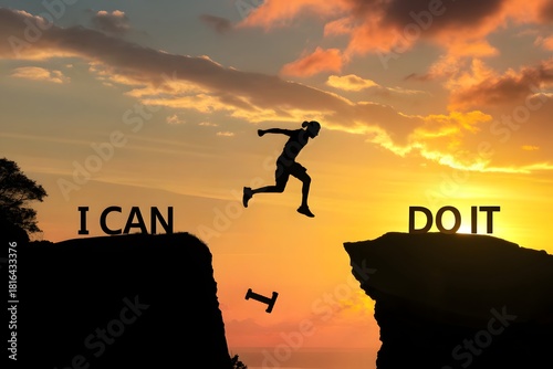 A silhouette man jumping over cliffs for 