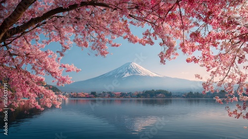 Serene spring landscape of mount fuji with vibrant pink cherry blossom trees reflecting over tranquil waters of lake kawaguchiko in japan creating a peaceful scenic view of iconic mountain and bloomin