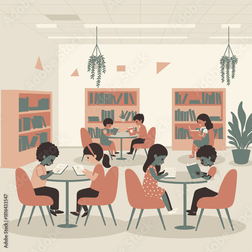 Children reading books in a library with shelves and plants.